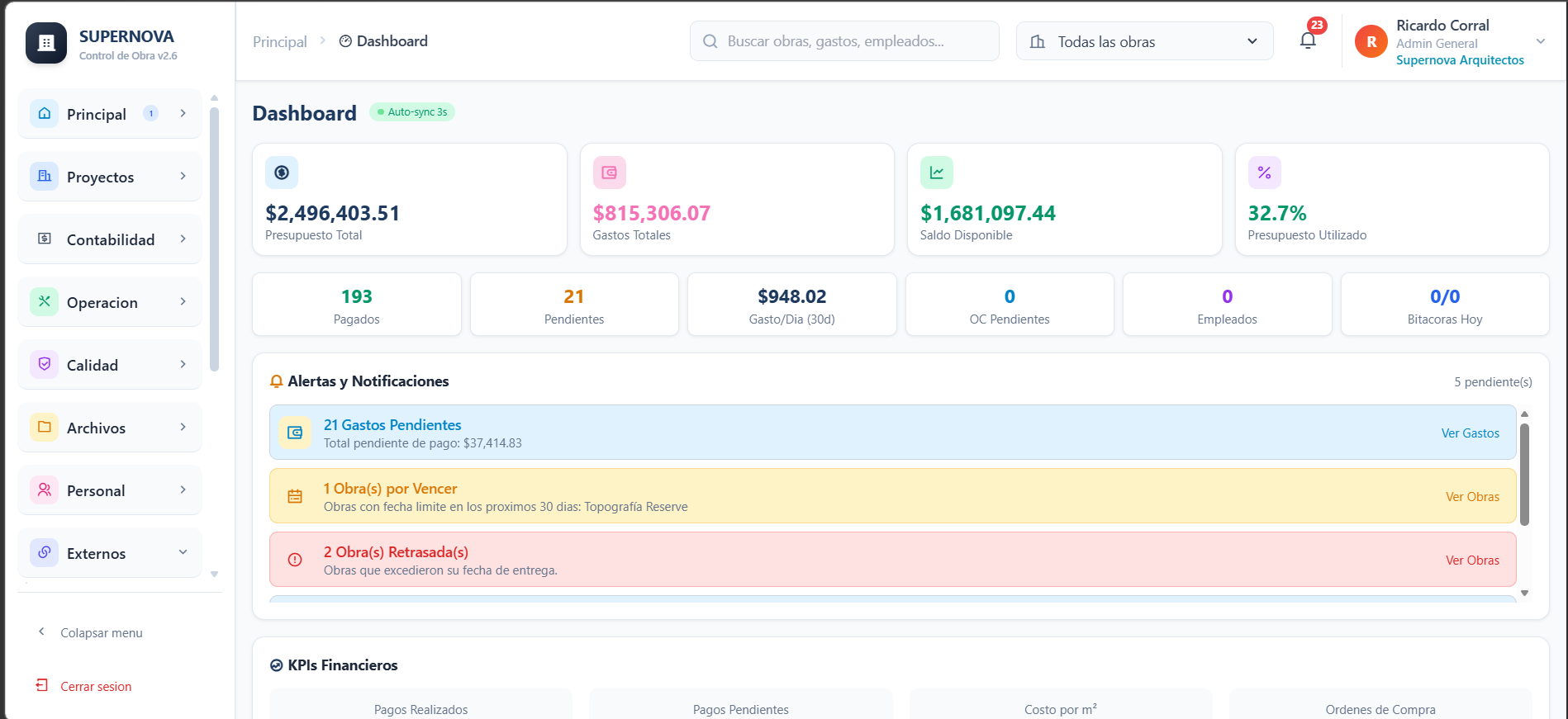Control de Obra production dashboard